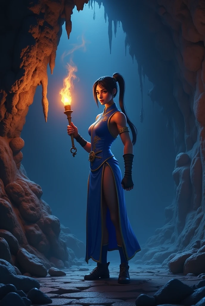 Fornite character Chun-Li, holding a torch, in a cave, scared