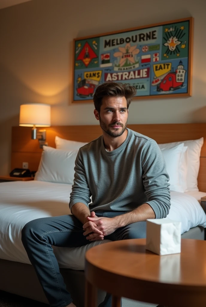 Homme caucasien grand de taille, charmant, un peu costaud, habillé en pantalon et tee-shirt manche longue, assis ou adossé sur une table dans une grande chambre d'hôtel, sur la table qu'il y ait également un papier mouchoir déjà utilisé sur la table et sur le lit de l'hôtel qu'il soit déposer un cadre photo grand ou moyen qu'il est possible de faire arrêter sur le lit et faire face à la caméra et sur le mur du chevet du lit un tableau sur lequel il est écrit en français : Bienvenue à Melbourne AUSTRALIE et autour de la phrase qu'il y ait les emblèmes du Canada Québec ou le drapeau du Canada Québec