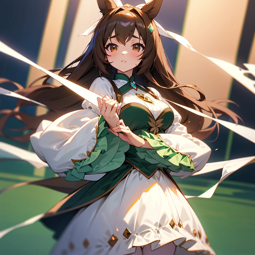 Satono Diamond、Uma Musume、A beautiful girl with beautiful breasts wearing a gorgeous pale green long-sleeved dress with lots of frills.。Hands are hidden in the sleeves。Brown hair and brown eyes。has horse ears