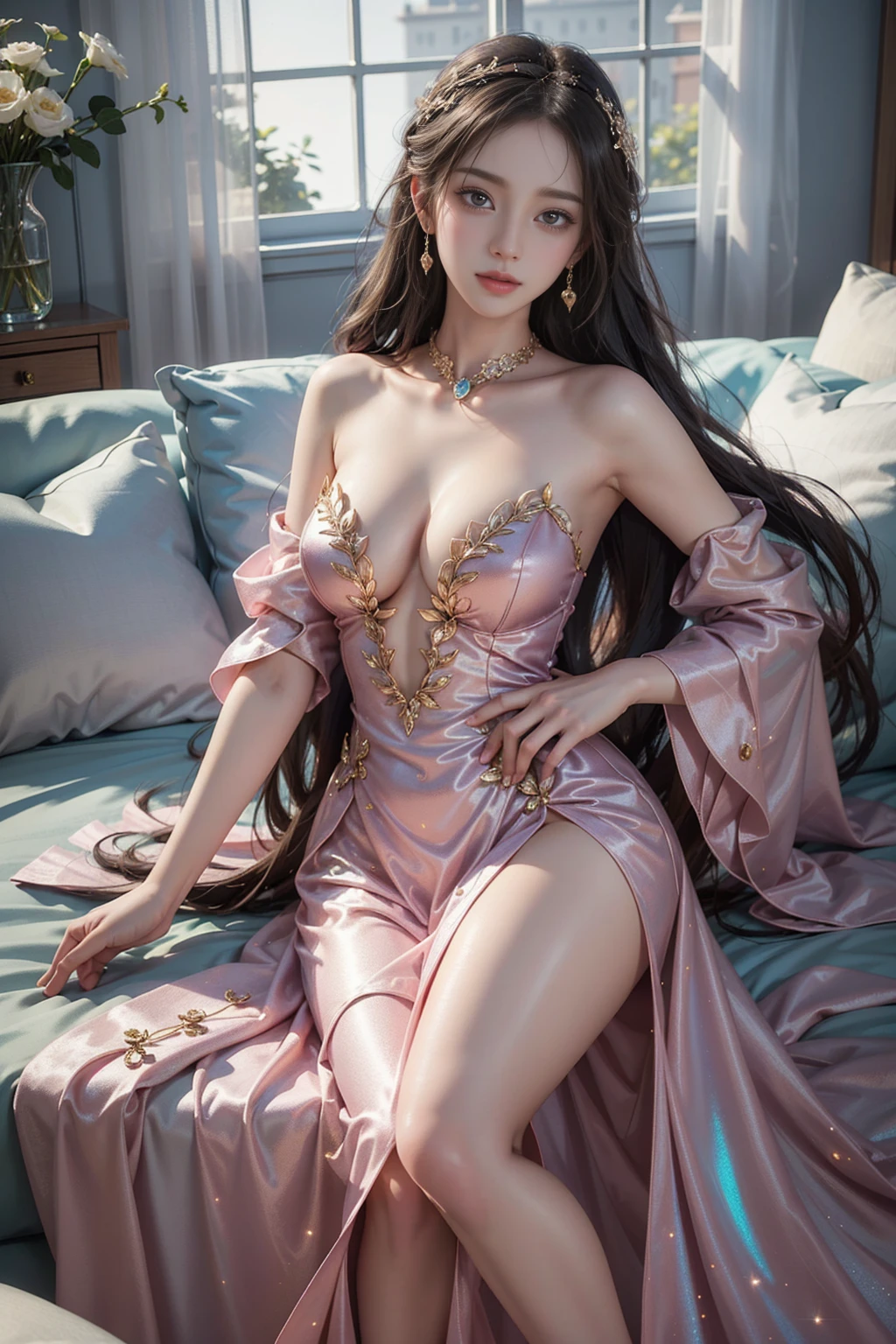 bioluminescent dress,((Girl lying in bed))、A beautiful and moving woman, in an elegant pose, her full breasts on display.,Visible cleavage,Sexy long legs,Variety of slim and cute beauties, Her long hair cascades down her shoulders like a waterfall。She smiles radiantly,Eyes sparkle,Her skin is flawless。Her curves are highlighted。Sparkle in the light,The colors are soft,Perhaps in shades of light pink or lavender。She lay confidently,One hand on hip,Her posture is both graceful and strong。She wears elegant high heels,Goes well with her outfit。In the warm golden sun。The overall atmosphere of the image is tranquil and uplifting,Emphasizing natural beauty and elegance, Studio Lighting,Bright colors, Sweet maiden, sweet smile, make up,shy,Blush,Parted lips,Heavy breathing,moan,Surrealism,Realism,Movie Lighting,Relief,Sony FE GM,Retina,masterpiece,precise,Anatomically correct,Textured Skin,Super Detail,High Detail,best quality,rich and colorful