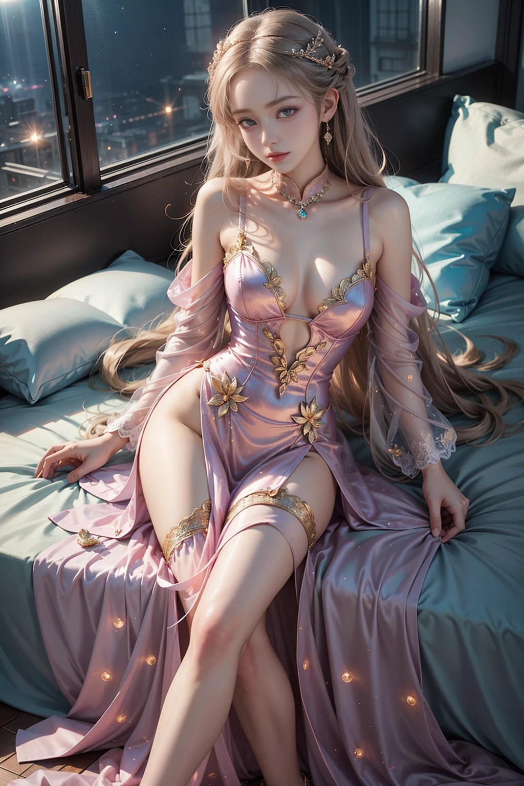 bioluminescent dress,((Girl lying in bed))、A beautiful and moving woman, in an elegant pose, her full on display.,Visible cleavagong legs,iety of slim and cute beauties, Her long hair cascades down her shoulders like a waterfall。She smiles radiantly,Eyes sparkle,Her skin is flawless。Her curves are highlighted。Sparkle in the light,The colors are soft,Perhaps in shades of light pink or lavender。She lay confidently,One hand on hip,Her posture is both graceful and strong。She wears elegant high heels,Goes well with her outfit。In the warm golden sun。The overall atmosphere of the image is tranquil and uplifting,Emphasizing natural beauty and elegance, Studio Lighting,Bright colors, Sweet maiden, sweet smile, make up,shy,Blush,Parted lips,Heavy breathing,moan,Surrealism,Realism,Movie Lighting,Relief,Sony FE GM,Retina,masterpiece,precise,Anatomically correct,Textured Skin,Super Detail,High Detail,best quality,rich and colorful