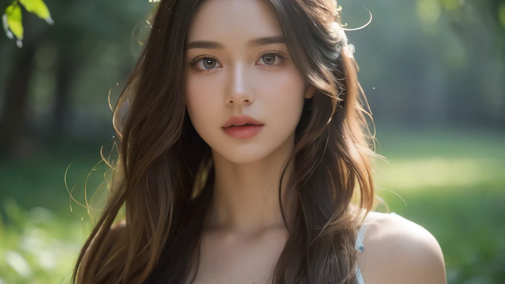 a beautiful young woman with hippie-style hair and dress, detailed eyes and lips, cinematic 8K resolution, photorealistic, shine body,