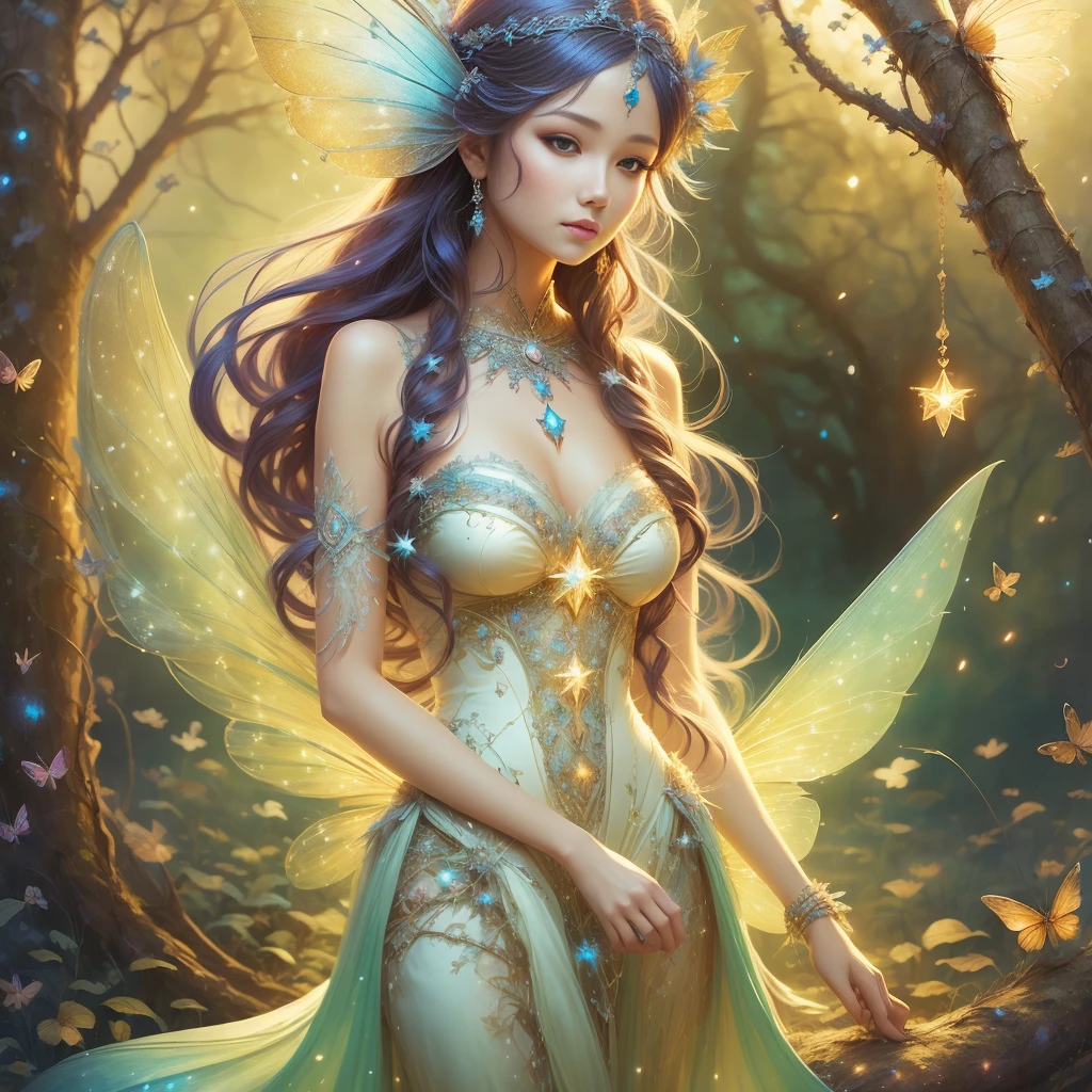 Close-up of a woman wearing a dress with a fairy costume., Star Fairy, Beautiful fantasy anime, Anime fantasy illustration, Fantasy-style anime, Fantasy art style, Anime Princess, Cute anime waifu in a nice dress, Anime fantasy artwork, Magical Girl Portrait, Fairy Core, 2. 5 d cgi Anime fantasy artwork, Beautiful fairy, White Anime Barbie