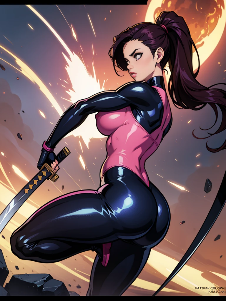 4k, 1 girl, marvel universe, body, narrow waist, athletic body, curvy, seductive curves, medium large tits, perfect ass, glossy lips, plump lips, >, clothes, spandex bodysuit, bodysuit color, bodysuit details, shoes, shiny pink, ponytail hair horse, hair, eyes, small nose, humor, 4kbody pose, shooting, 2 weapons, more weapons, katana position, highlighted boobs, action pose, combat, 4k enemy blood, flying bullets, .