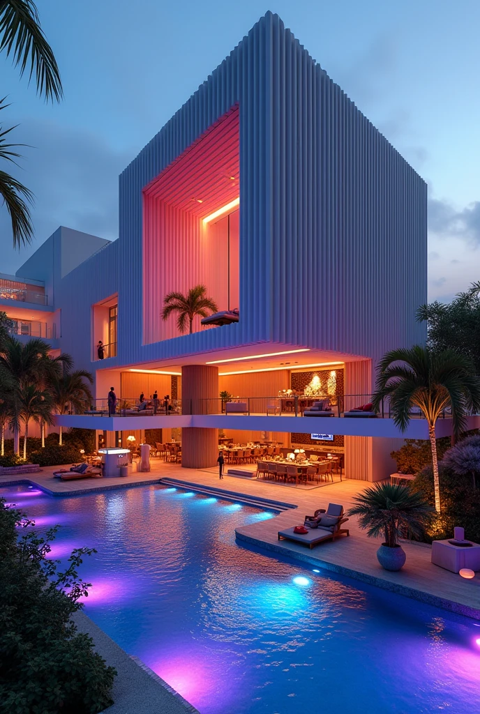 A rectangular club building. Modern style. Windowless building. A building without glass. The exterior of the club has no windows and features smooth curves using vertical louvers. stage and DJ box. Connected to a pool party area. Realistic and intricate details. Bright and vibrant atmosphere. On the left side, there is an annex building, connected to the club building.