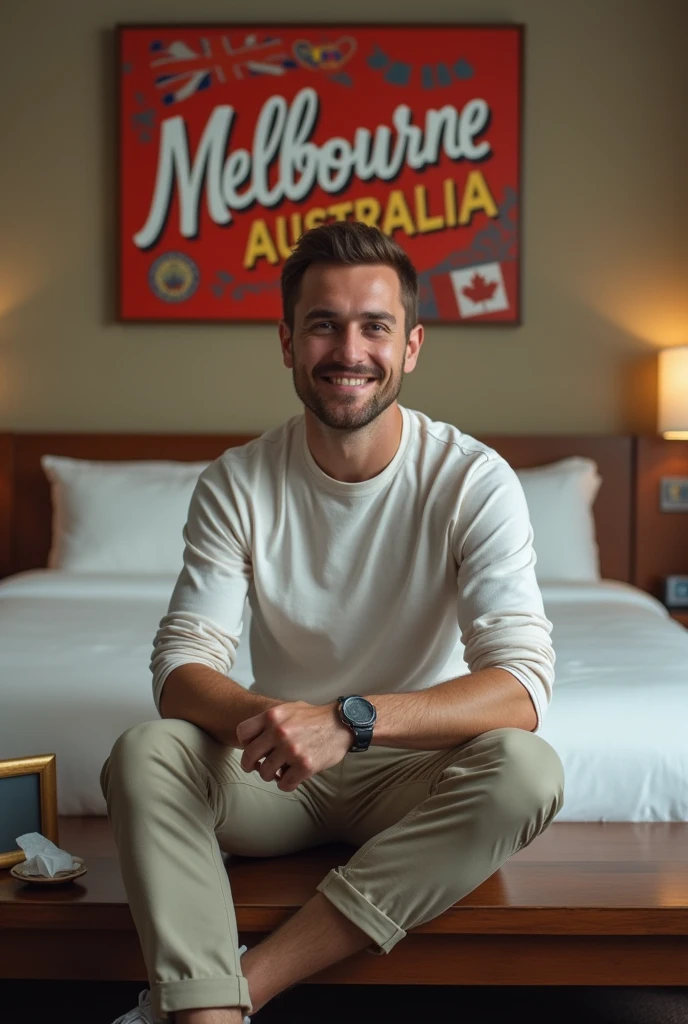 Homme caucasien grand de taille, charmant, un peu costaud, habillé en pantalon et tee-shirt manche longue, assis ou adossé sur une table dans une grande chambre d'hôtel, sur la table qu'il y ait également un papier mouchoir déjà utilisé sur la table et sur le lit de l'hôtel qu'il soit déposer un cadre photo grand ou moyen qu'il est possible de faire arrêter sur le lit et faire face à la caméra et sur le mur du chevet du lit un tableau sur lequel il est écrit en français : Melbourne AUSTRALIE et autour de la phrase qu'il y ait les emblèmes du CANADA QUÉBEC ou le drapeau du CANADA QUÉBEC