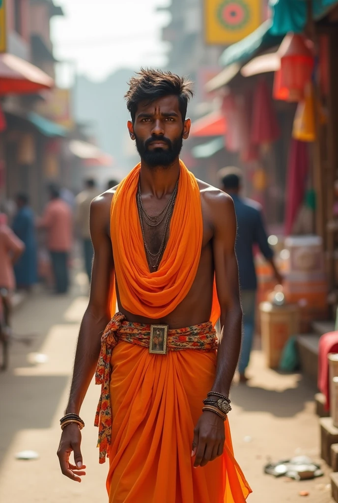 In modern world in Vrindavan city of Uttar Pradesh, A young India modern man wearing long kurta, having four hand instead of two hand, with tensed face.