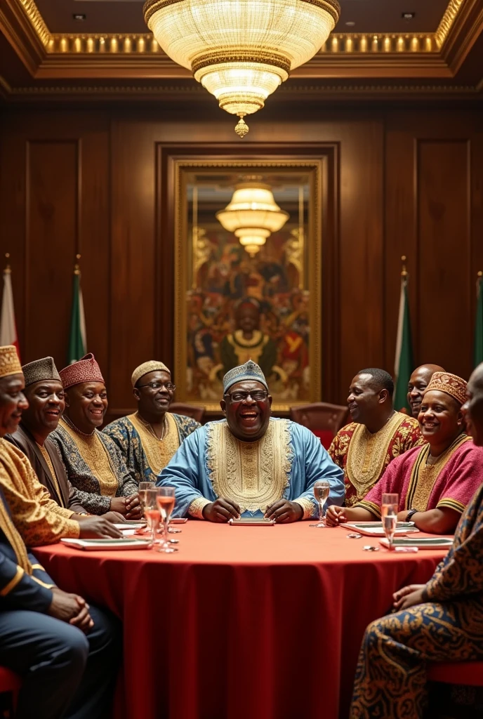 A ruthless, big bellied Nigerian political king maker looking like Bola Ahmed Tinubu wearing agbada and Yoruba Fula looking mean with a grin on his face with other big bellied politicians wearing agbada , and Igbo and Hausa traditional attire and Yoruba and Hausa caps laughing I sheepishly  bowing to him on his left and right hand side in a big modern city hall sitting on a large sophisticated round table 