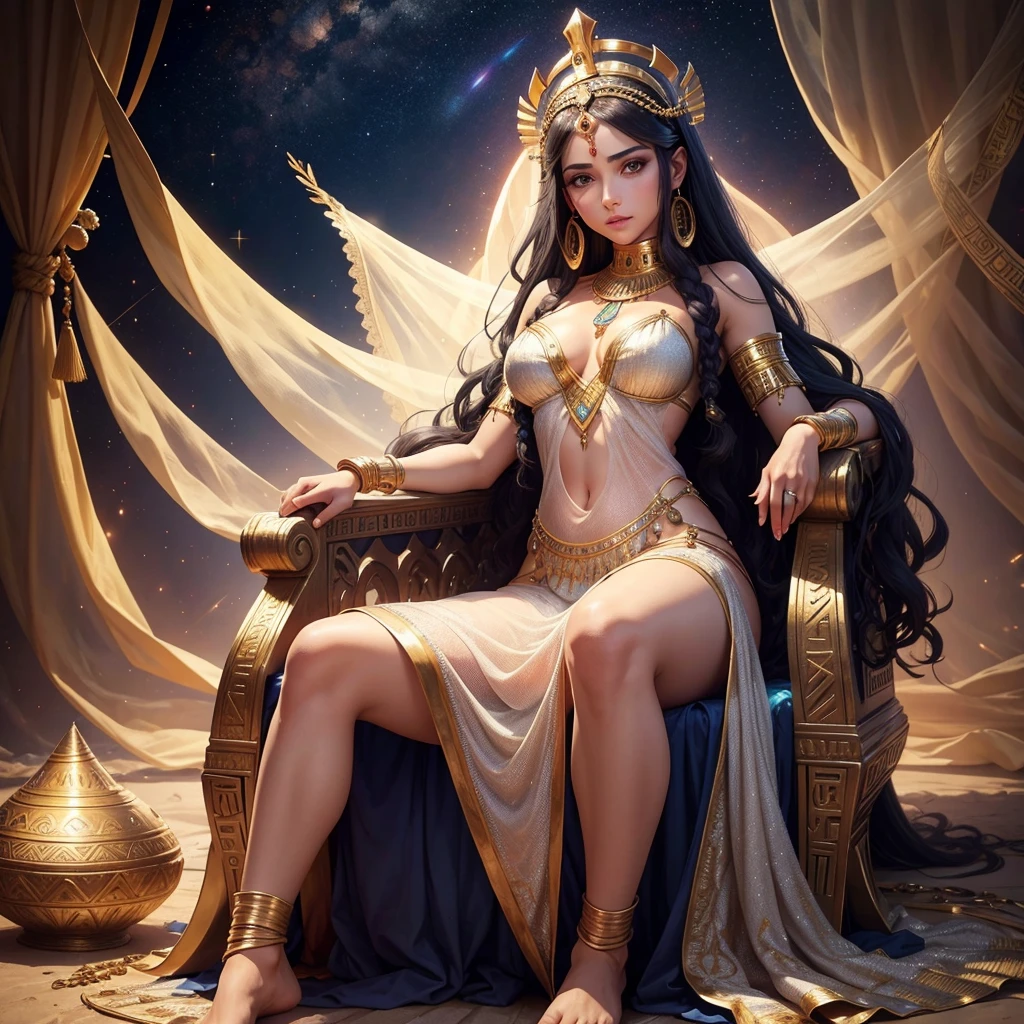 A goddess on a thrown, egyptian clothes, barefoot, a dominant gaze, revealing beautiful seethrough dress, beautiful stary background