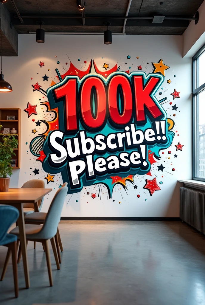 Wall fornt art "100k subscribe please" and YouTube logo