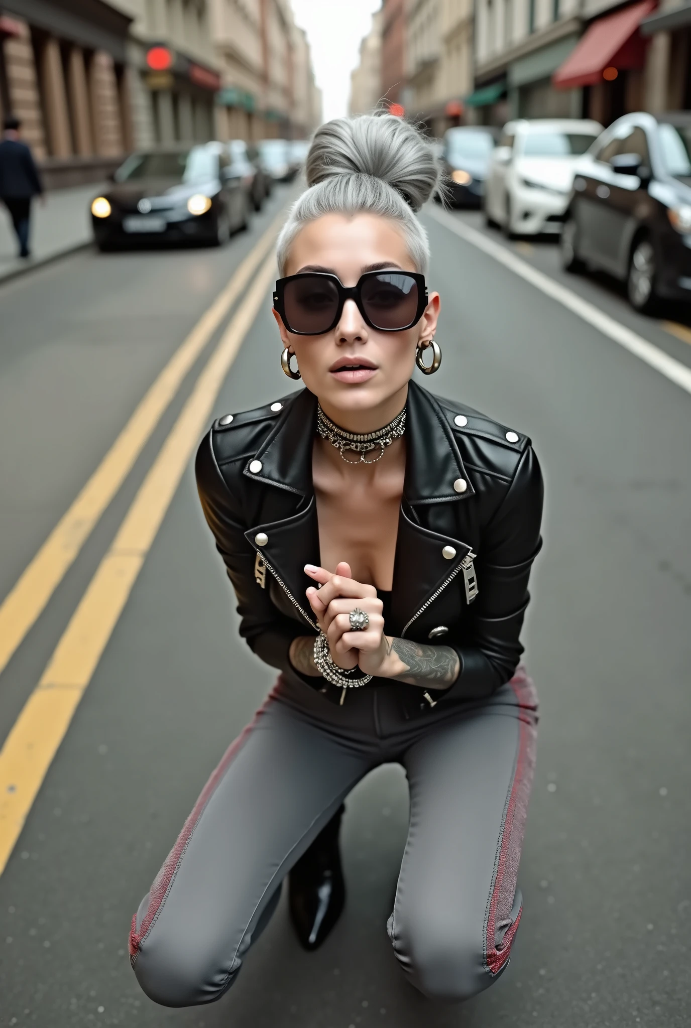 russian old milf woman, grey hair (huge top bun with shaved sides) and sunglasses as headband (big maxi glasses), with very light blue eyes, extremely pale. Wearing cropped black moto jacket, black bra, skinny dark grey jeans with red thread seams and pointy Chelsea boots with cuban heels . Lots of metallic bracelets and collars. Tacky leather belt with oversized buckle. Wide loop earrings. Sitting on the floor, looking up, chin up, eyes and mouth wide open in amazement. Hands in prayer position .Looking at the camera in amazement, toned abdominals, thin legs and thin arms. tattoed