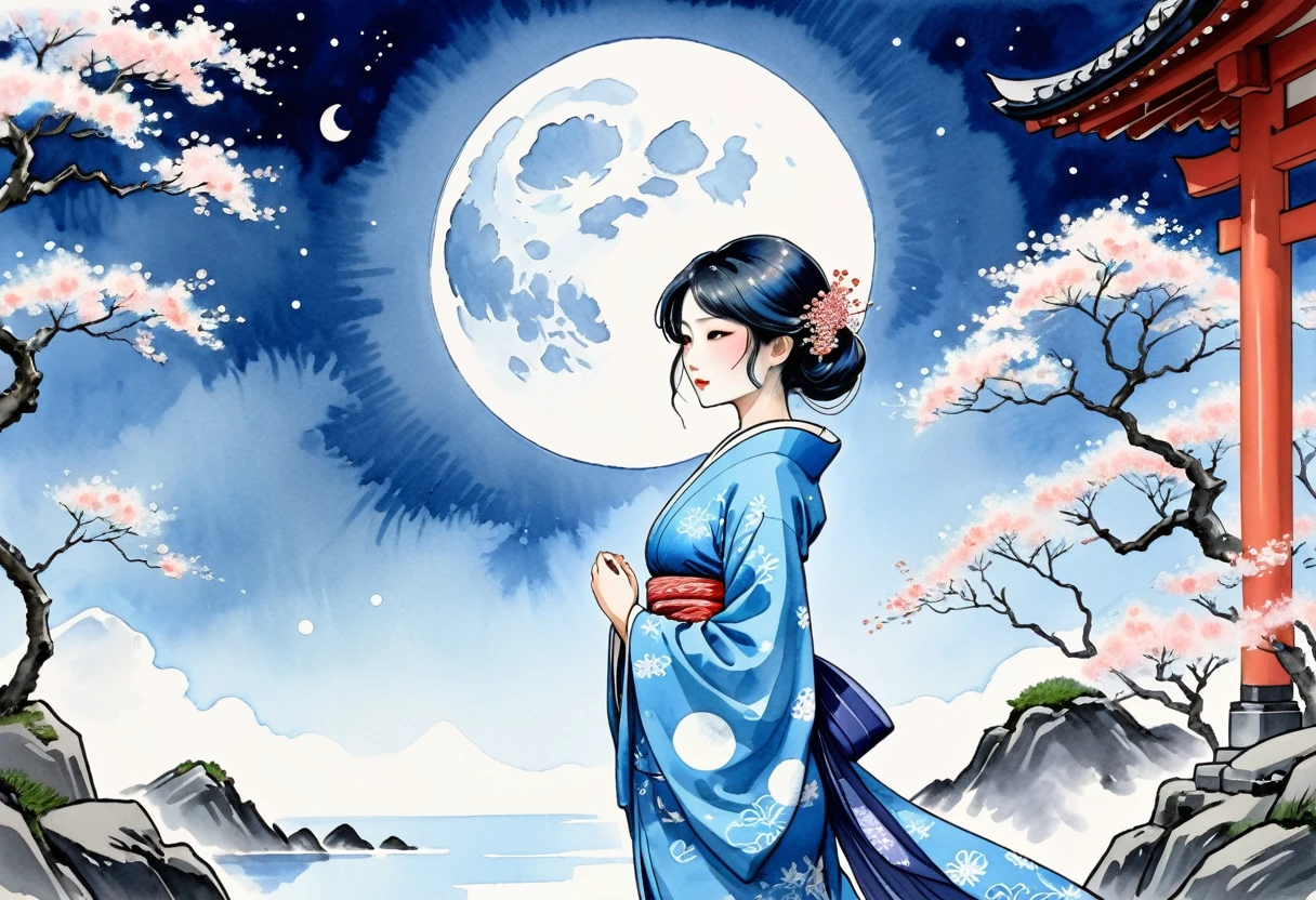 Taisho Romance　shrine　A big blue moon and a beautiful, free and ambitious Japanese woman in a kimono　Aquarius Blue Moon　Big Moon　Watercolor art　Detailed ink illustration　spiritual