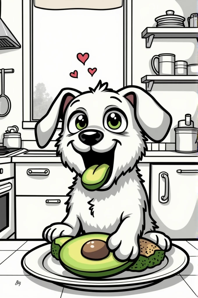 Comic style monochrome simple dog eating avocado