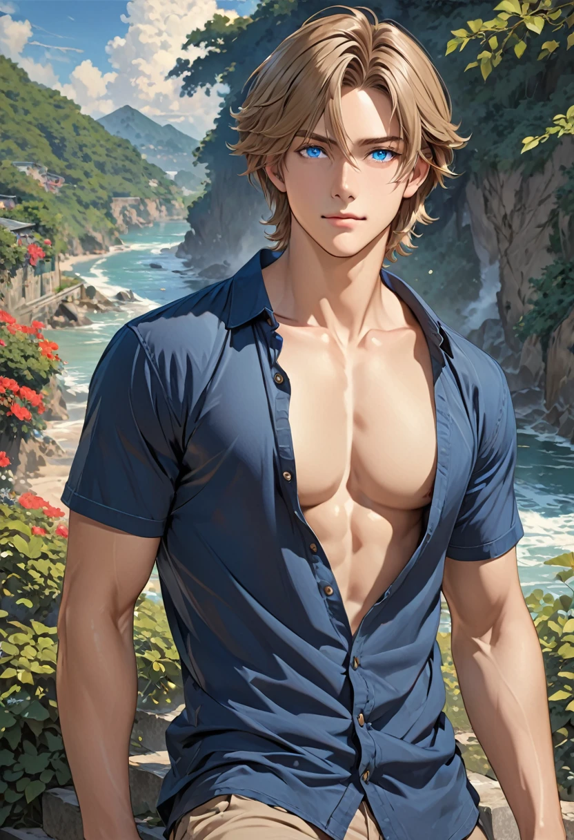 1 male, light brown hair, medium length hair, blue eyes, well built body, High-definition details,