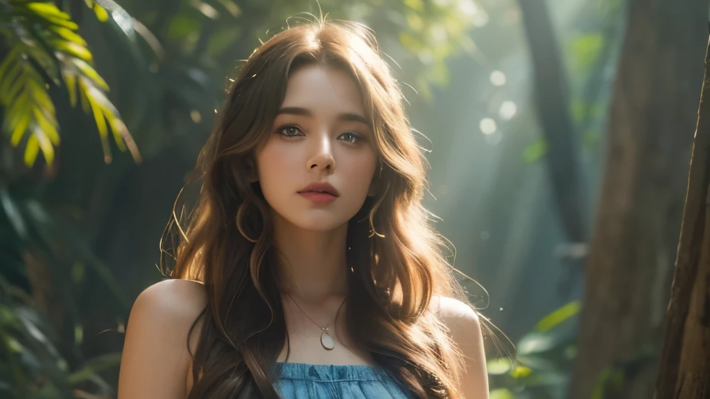a beautiful young woman with hippie-style hair and dress, detailed eyes and lips, cinematic 8K resolution, photorealistic, shine body,