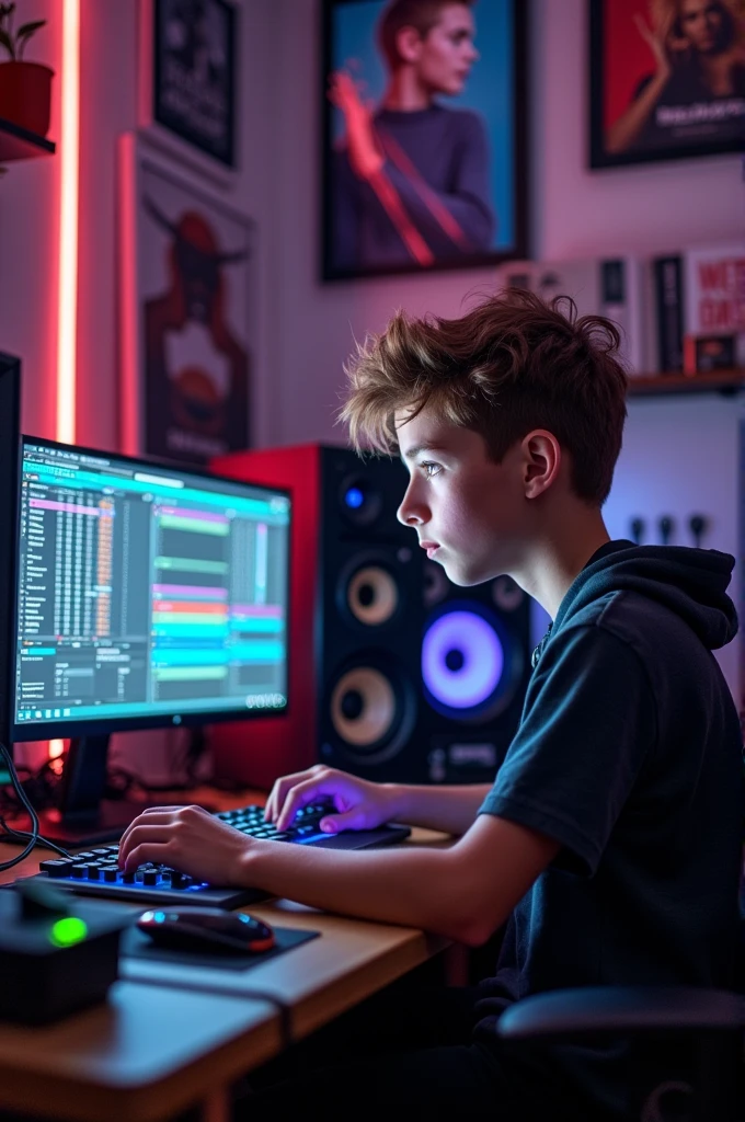 A boy making music in FL studio he is making an electronic dance music track fully professional and attractive sitting next to his computer and studio speakers 