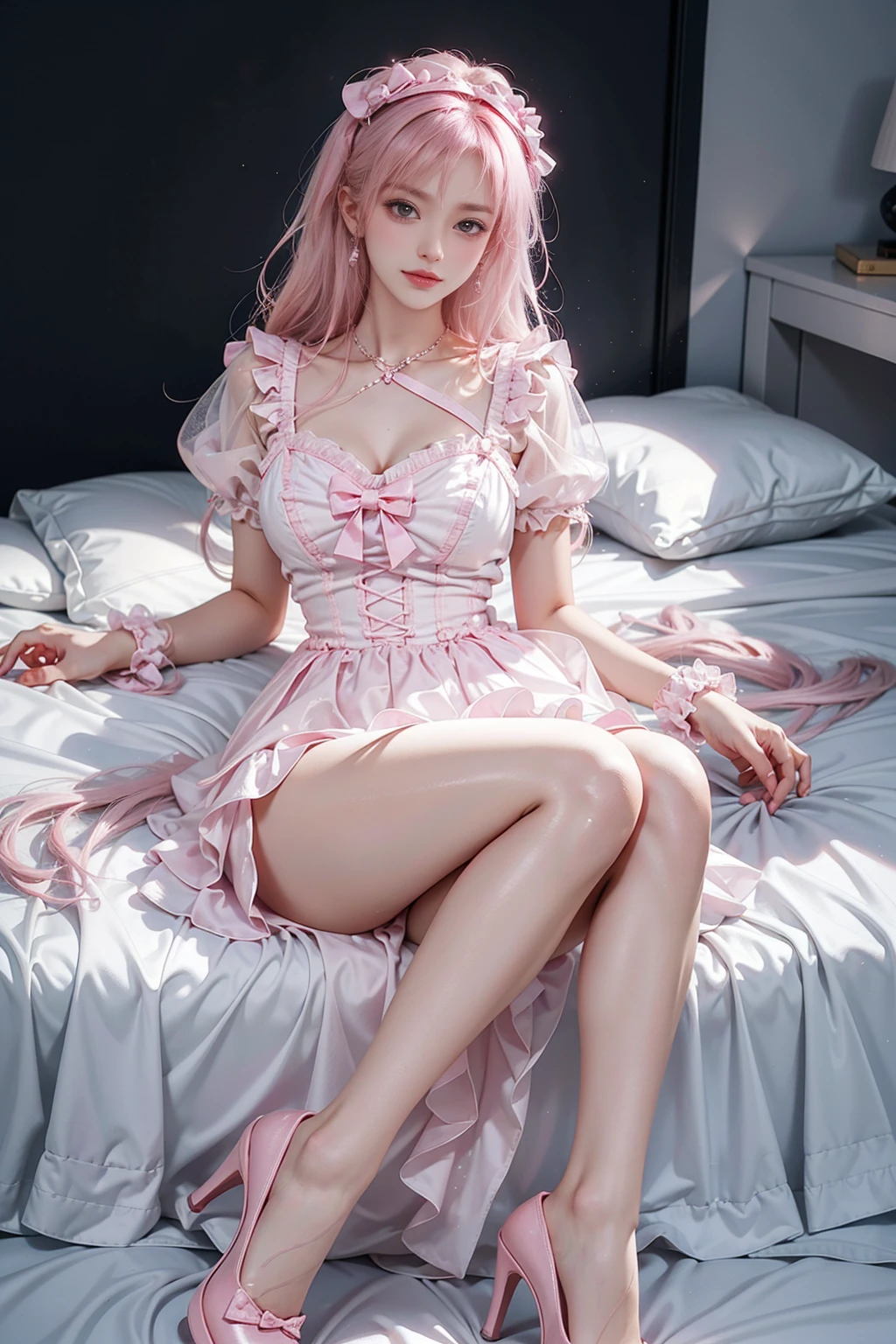 cyb dress, pink dress, frills, see-through short sleeves, wrist cuffs((Girl lying in bed))、A beautiful and moving woman, in an elegant pose, her full breasts on display.,Visible cleavage,Sexy long legs,Variety of slim and cute beauties, Her long hair cascades down her shoulders like a waterfall。She smiles radiantly,Eyes sparkle,Her skin is flawless。Her curves are highlighted。Sparkle in the light,The colors are soft,Perhaps in shades of light pink or lavender。She lay confidently,One hand on hip,Her posture is both graceful and strong。She wears elegant high heels,Goes well with her outfit。In the warm golden sun。The overall atmosphere of the image is tranquil and uplifting,Emphasizing natural beauty and elegance, Studio Lighting,Bright colors, Sweet maiden, sweet smile, make up,shy,Blush,Parted lips,Heavy breathing,moan,Surrealism,Realism,Movie Lighting,Relief,Sony FE GM,Retina,masterpiece,precise,Anatomically correct,Textured Skin,Super Detail,High Detail,best quality,rich and colorful