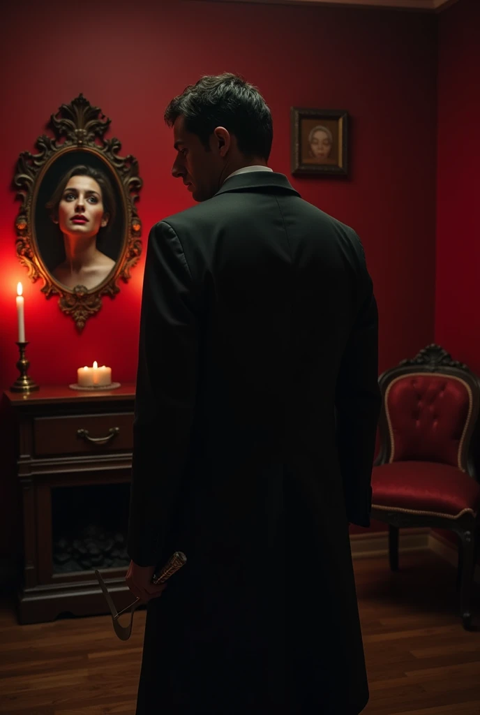 A person with a mischievous grin holding a knife behind their back, while their reflection in a mirror shows a terrified expression.