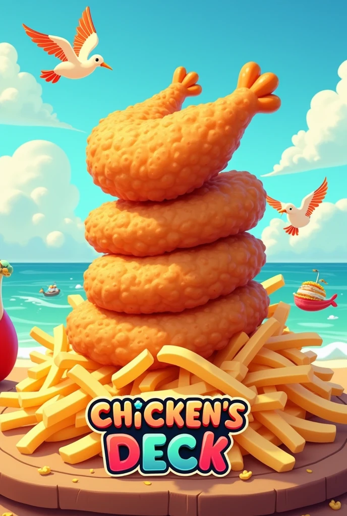 Fried chicken layered on top of a bed of fries with Mayo-ketchup sauce logo for a restaurant named "CHICKEN'S DECK" Cartoonized or Animated