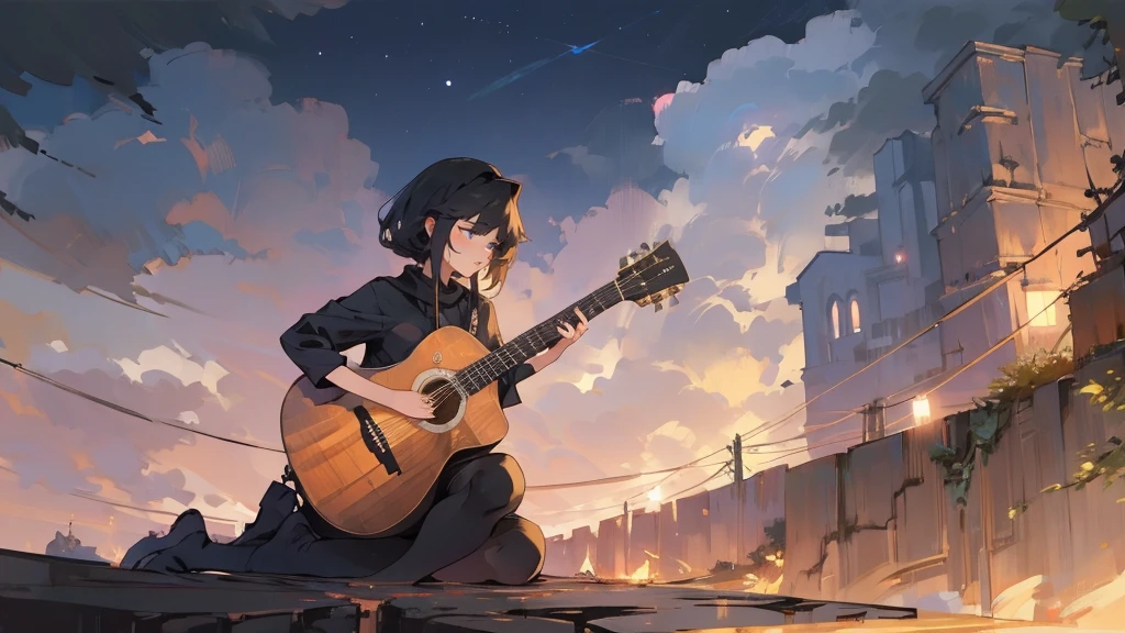 masterpiece,night,(dark alley),star、Night evening Sky、milky way、octone、
(1. Female), (solo), Knee hugging sitting,acousticguitar