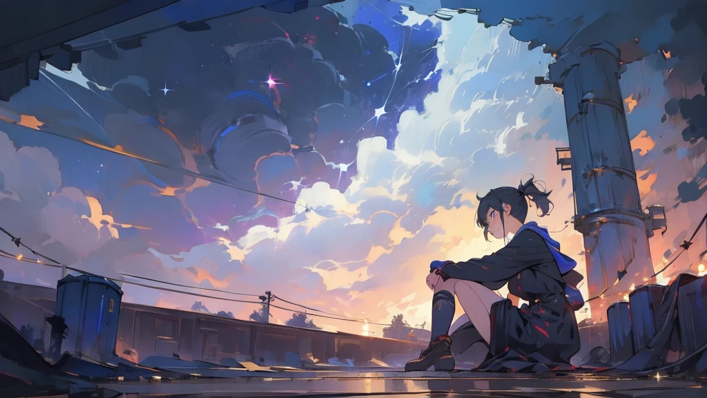 masterpiece,night,(dark alley),star、Night evening Sky、milky way、octone、
(1. Female), (solo), Knee hugging sitting,acousticguitar