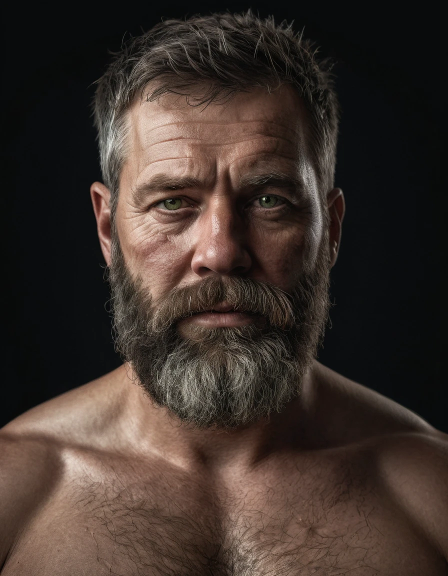 "Capture an 8K, hyperrealistic portrait of a man around 50 years old. He has very short military-style fade haircut, with a rugged beard that gives off a lumberjack vibe. His piercing green eyes gaze directly at the viewer. The scene shows the man from the chest up, revealing his heavily hairy chest and the top of his stomach, showcasing a chubby physique. He is shirtless against a deep black background, with a clear, bright studio lighting effect illuminating evenly across his face and body. The image should focus on the very intricate details of his facial features, very realistic beard texture, and chest hair, very realistic chest hair texture, very realistic neck lines, very realistic neck, rendered in the hiperrealista style. Drawing inspiration from Greg Rutkowski's photography, maintain a high level of realism while highlighting the man's rugged and natural appearance."