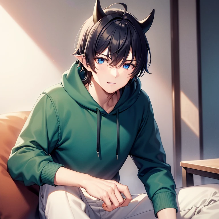 Masterpice, best quality, high quality, 1 boy, Solo, has Blue eyes, has Short Black hair, has horns, wears Green hoodie with farmer pants, full body, viewing camera, upper body, handsome face, slim body, happy expression, in the room, sitting in the couch, anime art, anime art wallpaper, anime style 4K, badass anime, sunny day