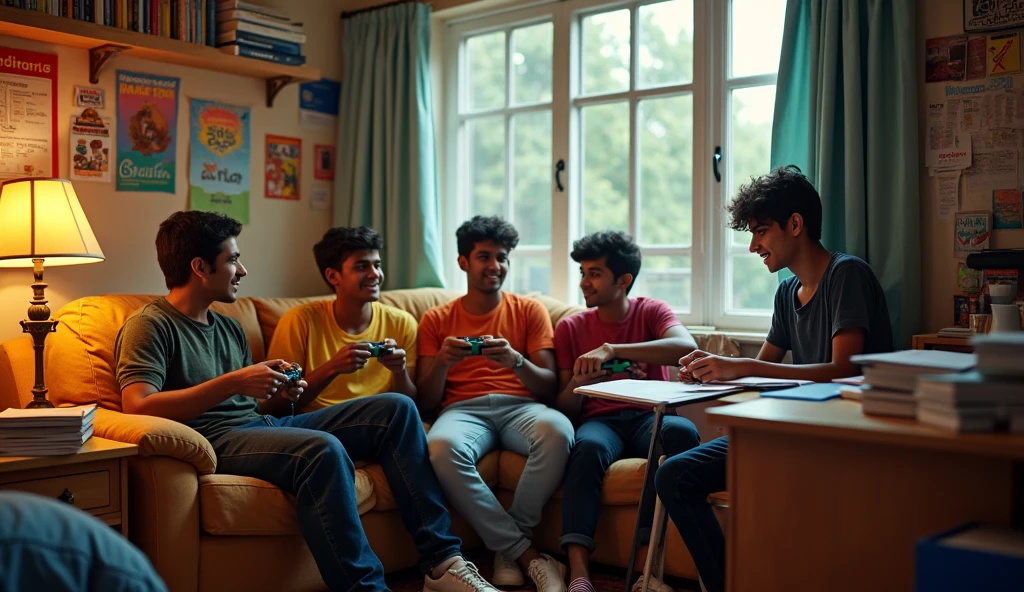 4 indian boys roommate three boys enjoy and one boy study image