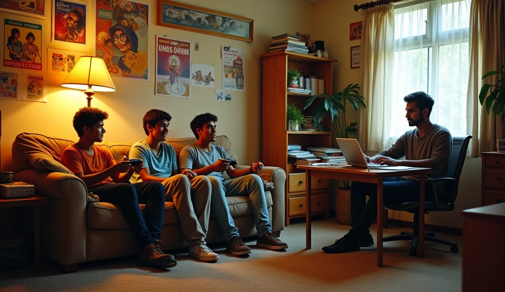 4 indian boys roommate three boys enjoy and one boy study image
