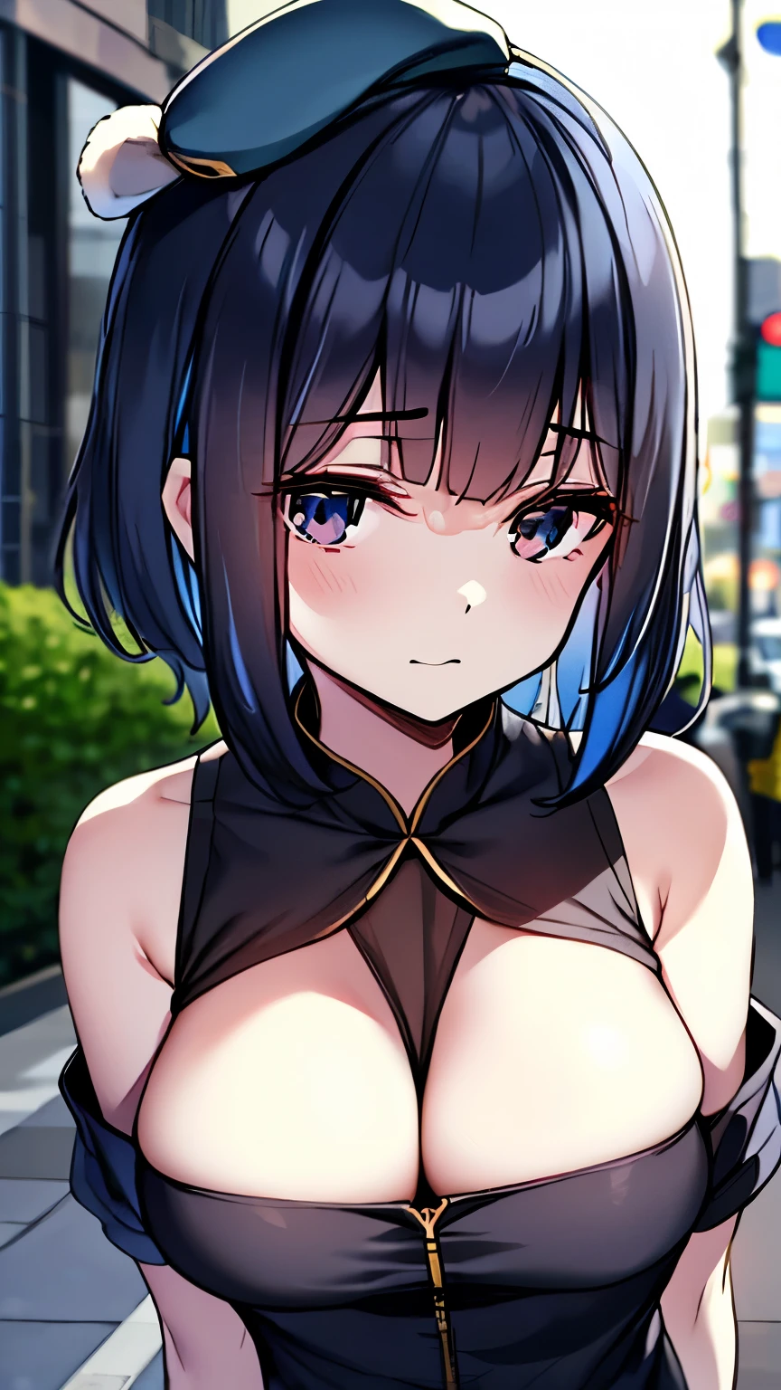 The blue expression is artistic and screams. A beautiful adult woman quietly stares at you. An attractive American casual style outfit. Fifth Avenue. Blurred background.