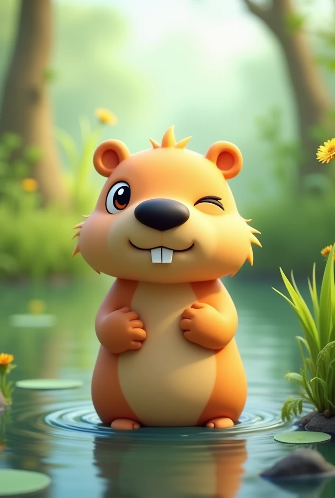 cute 3D mascot greater capybara, 3d chibi style, simple cute, kawai, squinting eyes, black muzzle, tailless
