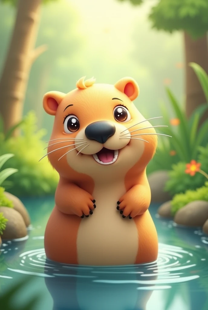 cute 3D mascot greater capybara, 3d chibi style, simple cute, kawai, squinting eyes, black muzzle, tailless