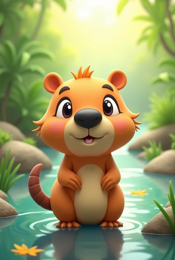 cute 3D mascot greater capybara, 3d chibi style, simple cute, kawai, squinting eyes, black muzzle, tailless