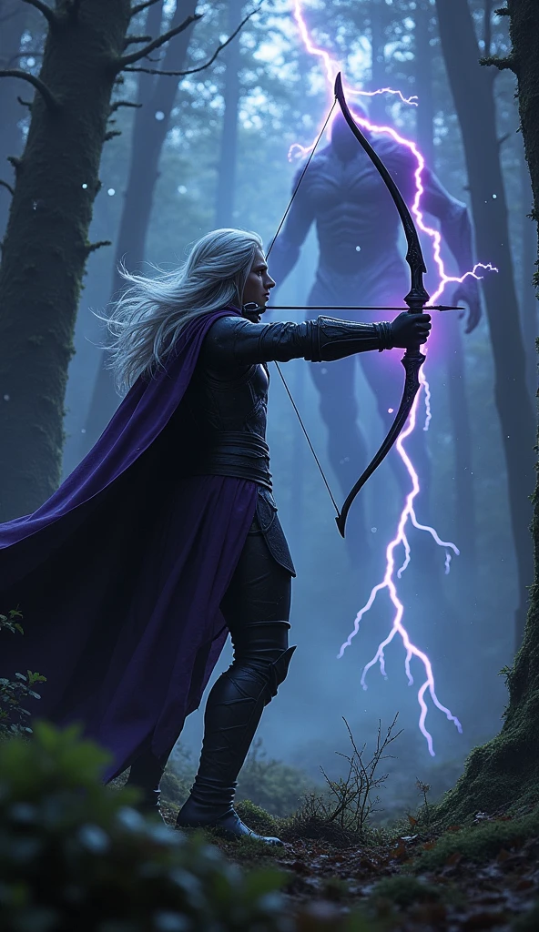 Raven, a dark elf wearing deep purple leather armor, stands in a dense forest with his silver hair blowing in the wind. He holds a black bow in his hand and is about to fire his "storm arrow" at a giant monster. In this scene, the dark and eerie forest and flashes of lightning are surrounding him, emphasizing the power of the arrow as it strikes the enemy. The power of the bow is naturally transferred to the sky, and stars dance down towards Raven. The forest is shrouded in shadow and lit by the storm, creating a dramatic and tense atmosphere.