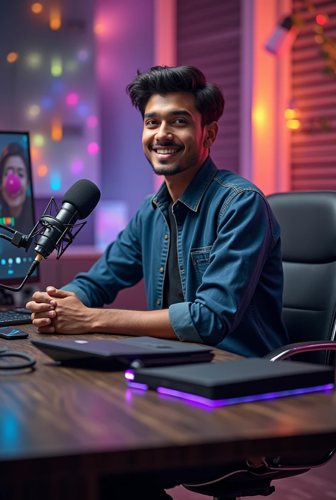  man sitting in a chair and both his hands on the table, and avatars for  and a table placed in front of it and the background also being good, taking avatar and front mice , front speak , indian , information,  young men front mic , mic
Sitting in front . Speak in front influcer
