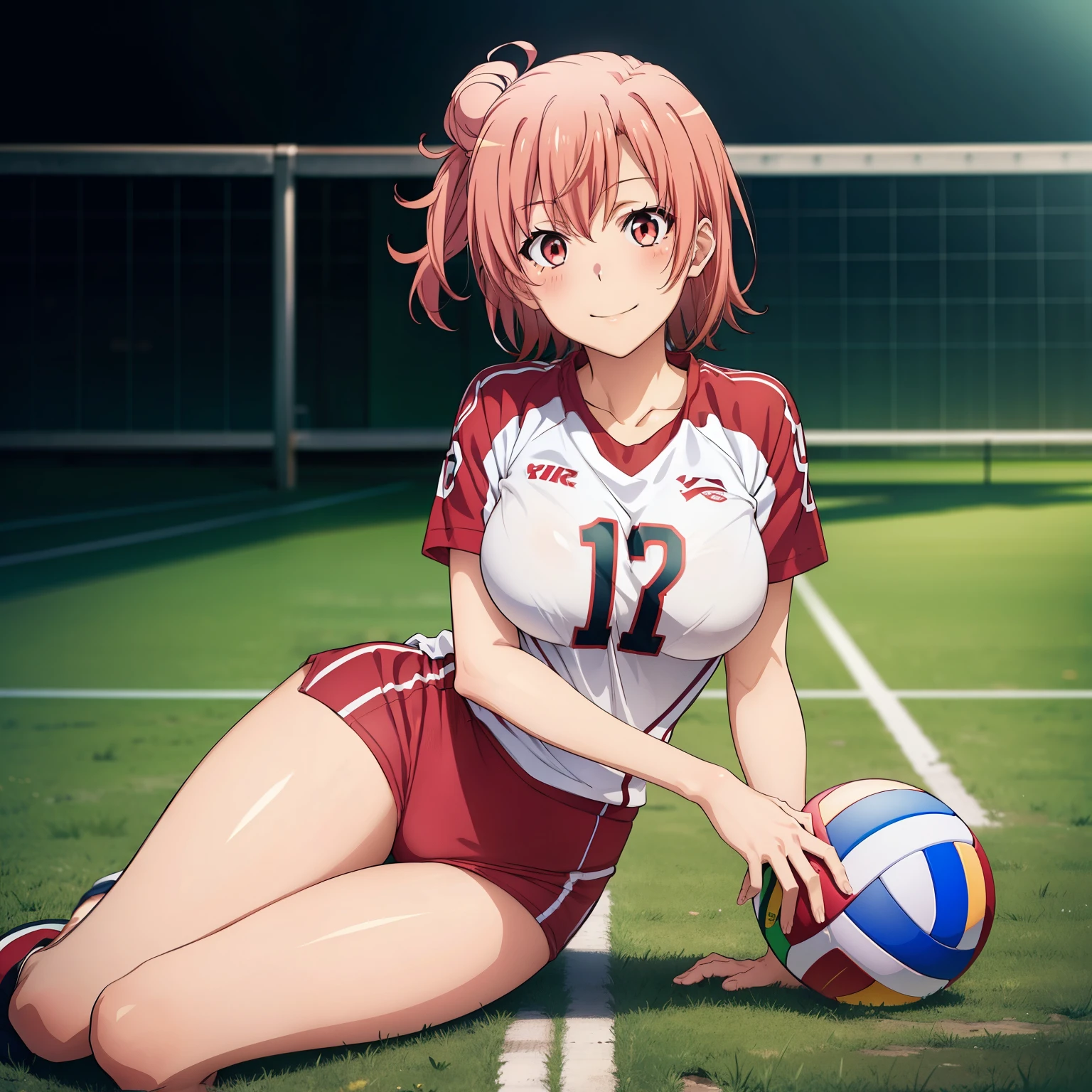 ((masutepiece, Best Quality, hight resolution, nffsw, Perfect Pixel, depth of fields, 4K, )), 1girl in, Solo, , Beautiful anime girl, Beautiful Art Style, Looking at Viewer, Perfect body, Yuigahama Yui, Short hair, single hair bun, pink hair, (large boob), Full face blush, Smile, thighs thighs thighs thighs, volleyball uniform, white background, sitting on floor, portrait shot, Focus,