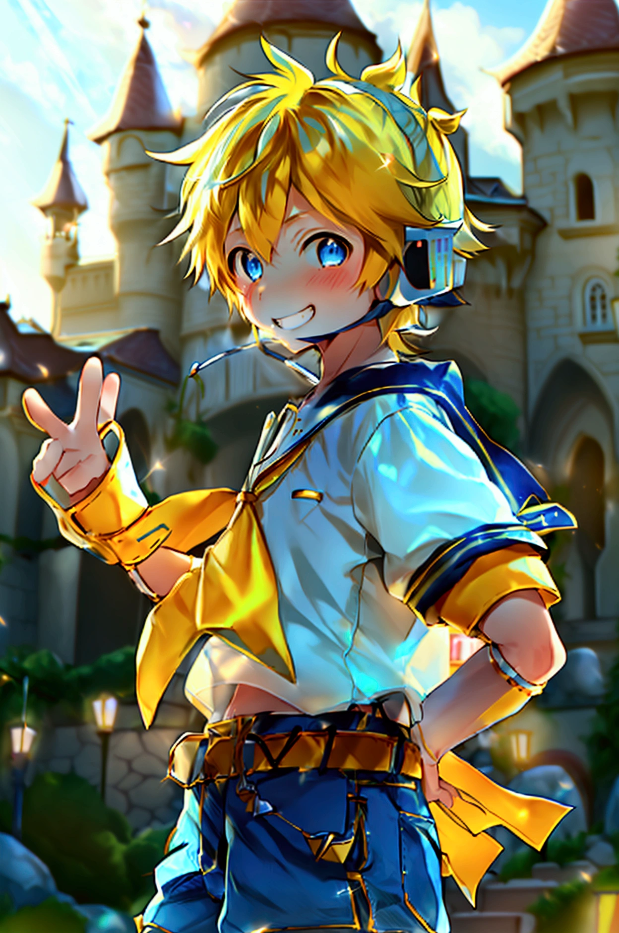 1 boy, (male child), 10 year old, (Kagamine Len), cute, cowboy shot, earphone, sailor uniform, collar tie, shorts, grin, happily grin, full-face blushed, standing in a fantasy castle, giving a V-sign