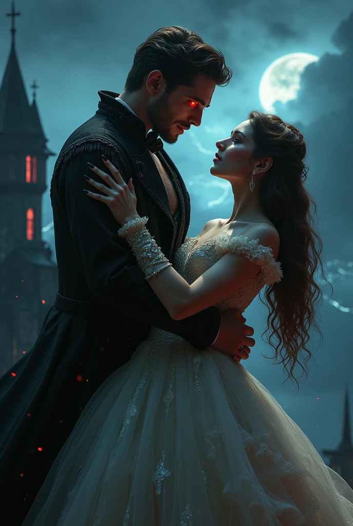 A red eyed demon young man holding an heiress lady