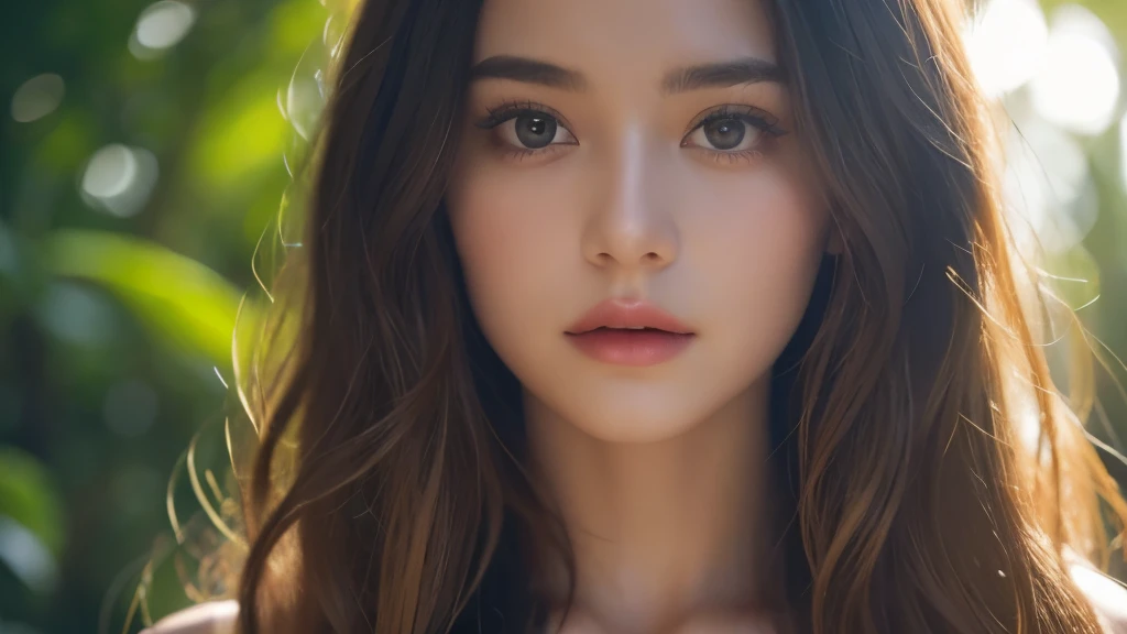a beautiful young woman with hippie-style hair and dress, detailed eyes and lips, cinematic 8K resolution, photorealistic, shine body,