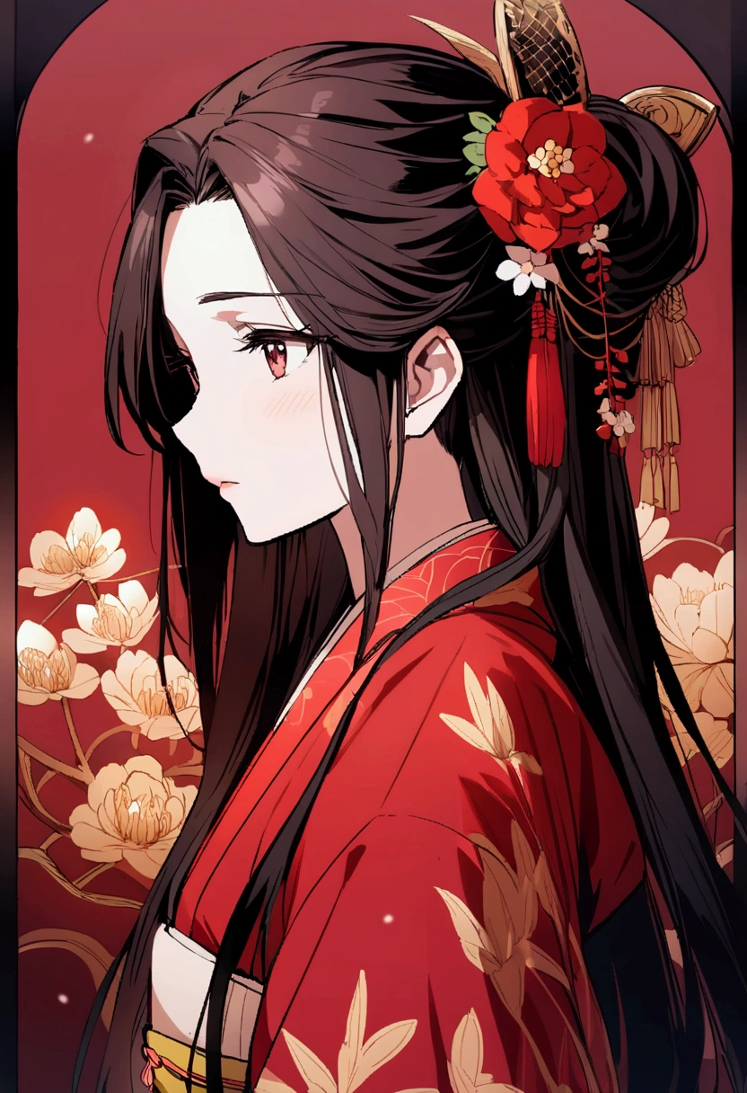 Beautiful anime portrait,Red monochrome，Oriental Wallpaper，pink，Feel，very anime style，Japanese Samurai，Flowers，close up，Soft Light，Rich in details，The expression is firm，kimono装饰，Background blur，鲜艳的颜Feel深沉，front，kimono