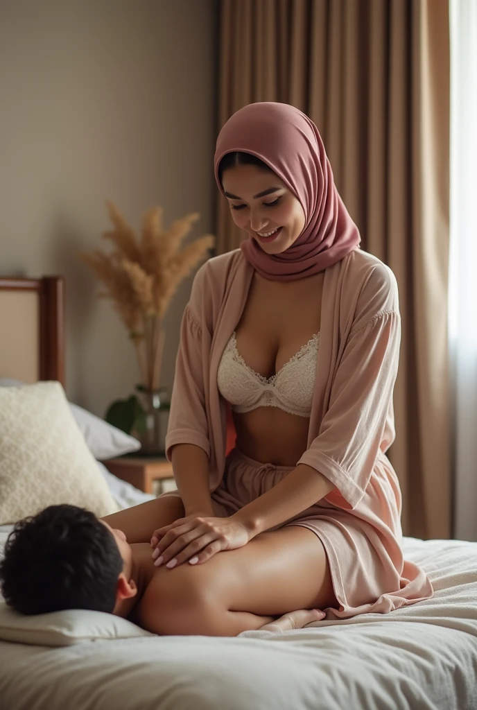 a beautiful Indonesian woman wearing a hijab, slim, 32 years old wearing a robe with the buttons open, visible bra, is massaging the thighs of a age boy on the bed