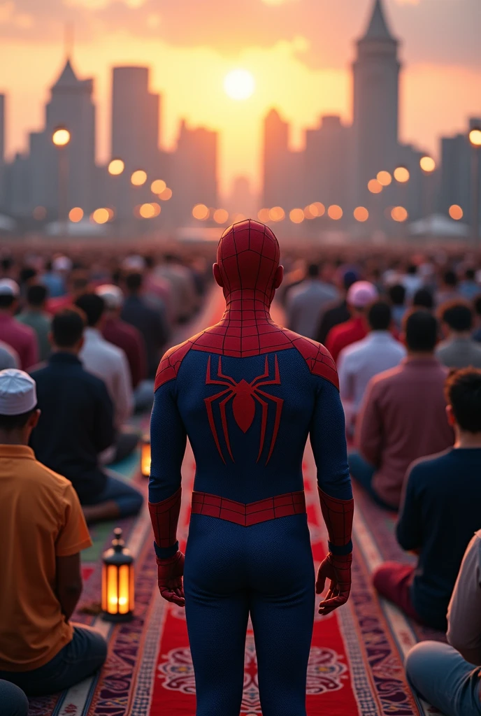 Muslim spider man praying salah in front of kaba 
