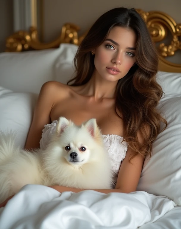 A beautiful young woman with fair skin in a luxurious bedroom,brown long hair,D cup chest,
White Pomeranian lying on the bed together,White silk bedding