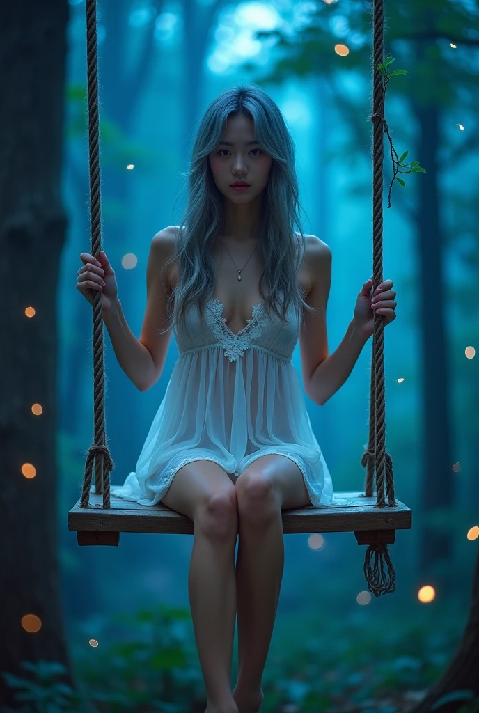 (wide shot, whole body shot), A beautiful korean girl, 20 years old, kpop style, ash grey long wavy hair, sexy slim muscular body, long legs, wide thigh gap, sexy butt, sitting front view on wooden swing inside a quiet mystical illuminated fantasy forest, glowing blue leafs shing the atmosphere, Lots of fireflies flying around above the forest, backlighting, holding swing's ropes. Bare feet, She's wearing transparent white spaghetti strap silky low cut mini night dress, slightly lace dress, cleavage, ((twisting dress, lifting up high your own dress:1.4)), the dress is just below of her pussy, spreading legs, M-legs, ((open wide legs, spreading legs:1.4)), clearly see white slim and thight panties, open legs, looking to the viewer, (((from below, low angle shot:1.4))), beautiful lighting, cinematic, (whole body), (soft front studio light, bright skin:1.4)
