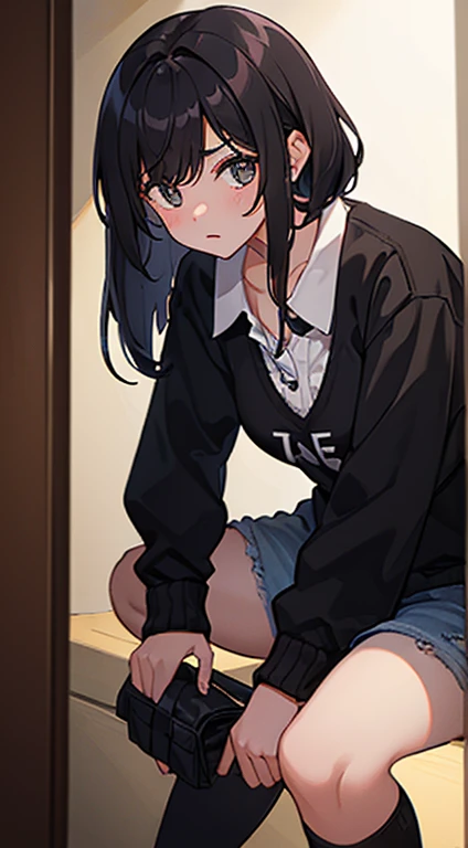 a girl with mid straight blak hair , side bangs short shoked face