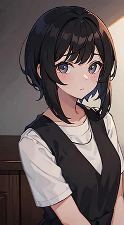 a girl with mid straight blak hair , side bangs short shoked face