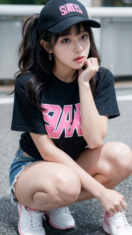 Busty women,Blunt bangs,Thighs,Black Hair,Voluminous long hair that reaches down to the waist,Wavy long hair,(Super thick pink sneakers),Denim mini skirt,(Black T-shirt),Only the stomach area is exposed.,(Blue Baseball Cap),Crouching and resting their chin on their hand,