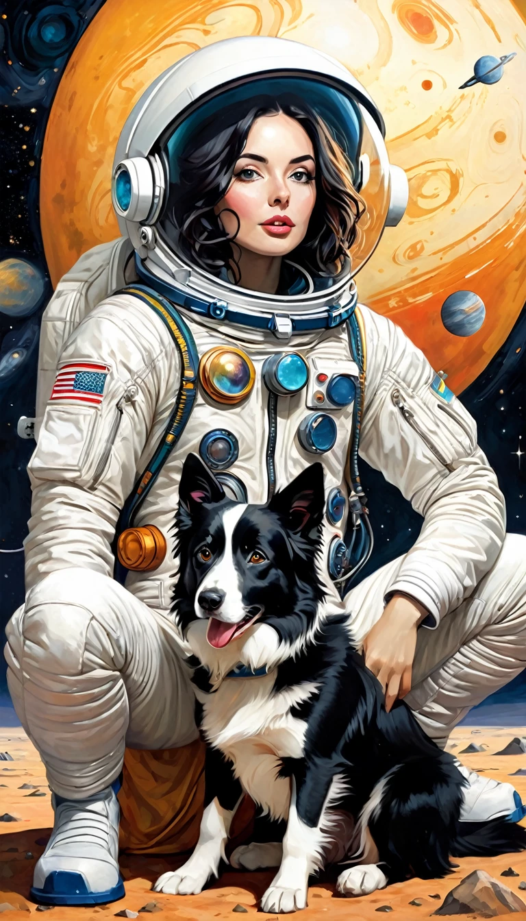 sexy astronaut girl and border collie dog, astronaut, on the ground sitting in front of his spaceship, stars, magic,(best quality, 4k, 8k, high resolution, masterpiece: 1.2), ultra-detailed, (realistic, photorealistic, photorealistic: 1.37), details intricate, vivid colors, sharp focus, professional, Dave McKean artwork, surrealism oil touch, oil painting style, portrait,background, fantasy elements, texture, layered composition. art inspired by Bill Sienkiewicz and Dave McKean