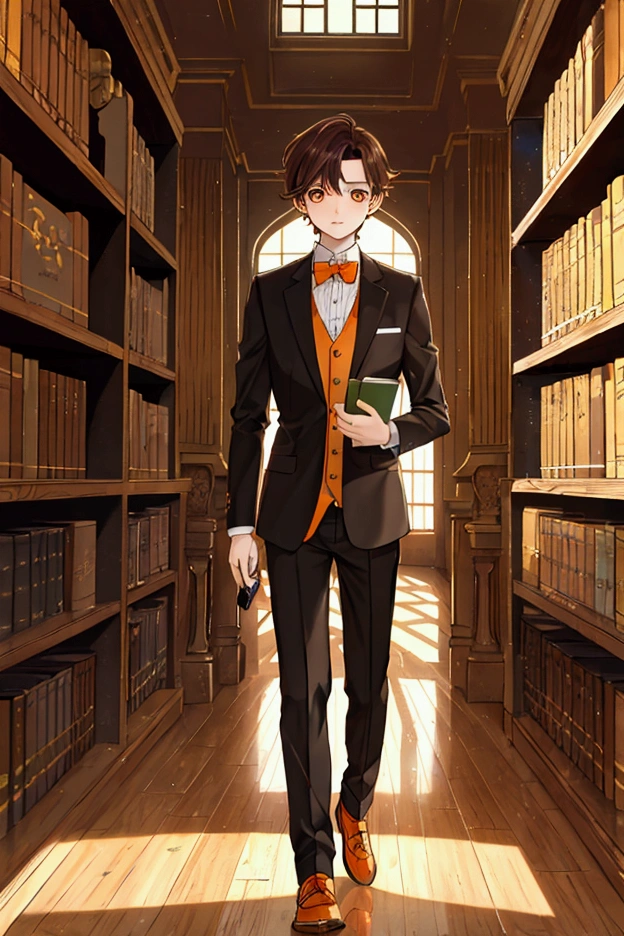 A boy , brown hair and orange eyes, Walking in the library of a luxury mansion.