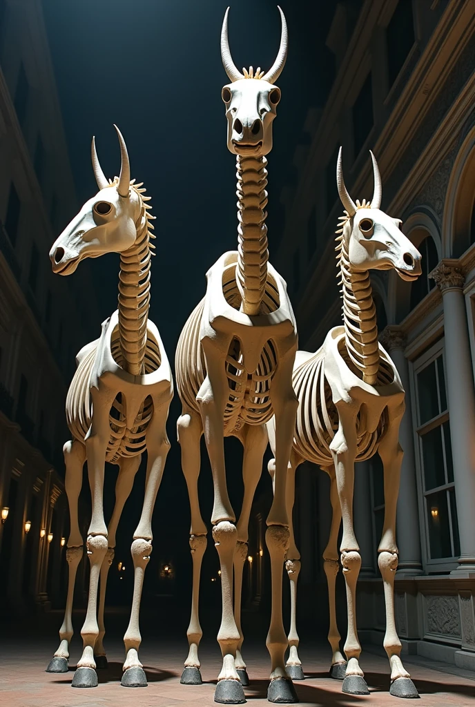 Create an image of a large horse skeleton. The head of the horse is a human head, and the head has horns that curve from the left and right forehead and bend slightly back. The neck of the horse is a human torso. The upper body has human arms. From under the neck is a normal horse torso. It walks on 4 legs. The image shows a skeleton, about 3 meters high, there are 3 of them in total. In the image, they stand against the backdrop of a European-style building with classical architecture. The scene is set in a dimly lit and dramatic environment to emphasize their eerie appearance.